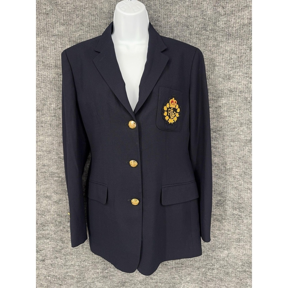 Vintage Lauren Ralph Lauren Blazer Womens 6 Blue Worsted Wool Royal Crest USA